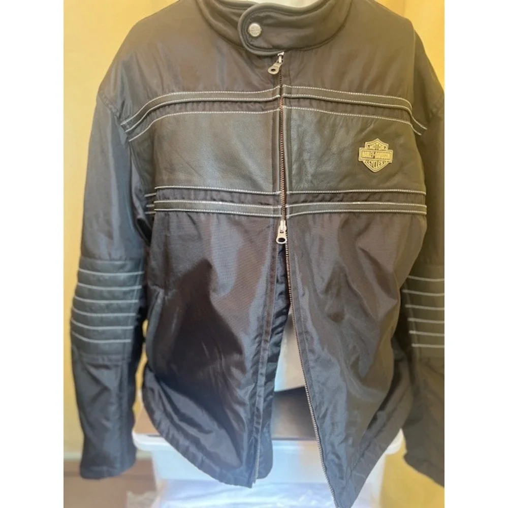 Harley-Davidson Motorcycle Jacket Mens XL Black Good Nylon Leather Trim Zip